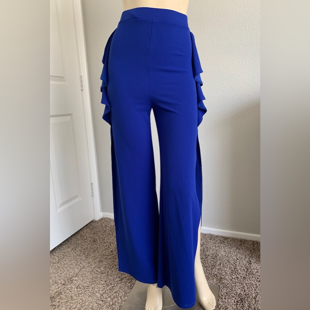 WOMEN'S STRETCH SOLID BLUE RUFFLE WIDE LEG PANTS SIZE S